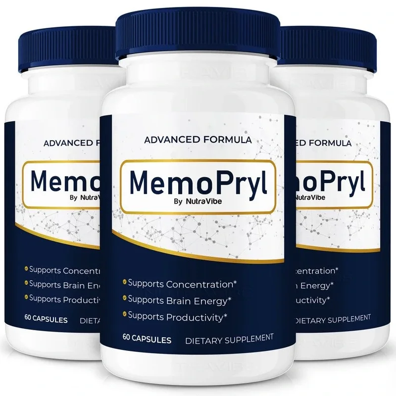 Three MemoPryl bottles, version B: Advanced Formula, By NutraVibe, concentration, brain energy and productivity claims, 60 capsules each