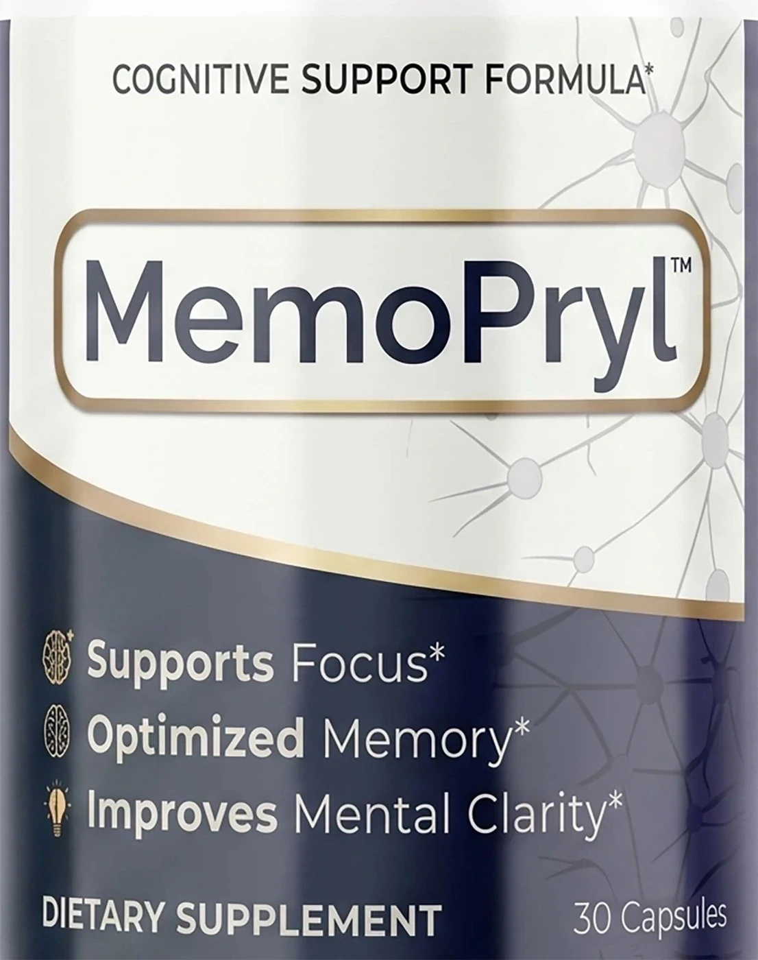 The MemoPryl bottle label, version A: Cognitive Support Formula with focus, memory and clarity claims and 30 Capsules