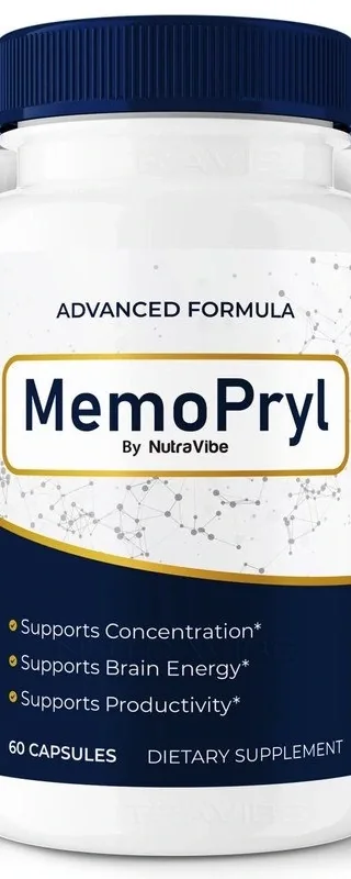 The MemoPryl bottle, version B: Advanced Formula, MemoPryl By NutraVibe, three claims and 60 Capsules